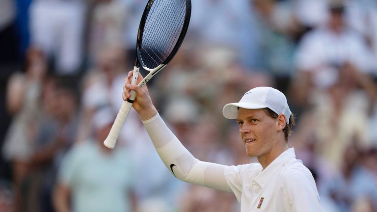 Jul 11, 2025; Wimbledon, United Kingdom; Jannik Sinner of Italy celebrates winning his match against Novak Djokovic of Serbia on day 12 at A