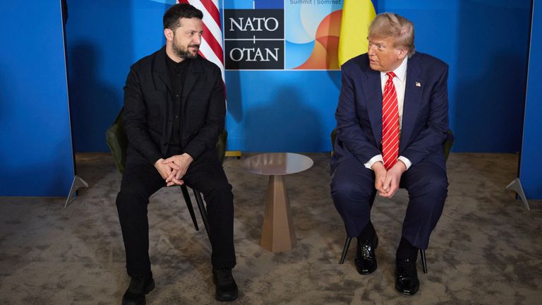 Donald Trump and Volodymyr Zelenskyy NATO summit in The Hague, Netherlands June 25, 2025. Pic: Reuters 
