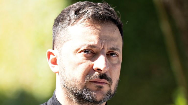 Ukraine's President Volodymyr Zelenskiy attends a press conference in the garden at Marselisborg Castle on the occasion of Denmark taking ov