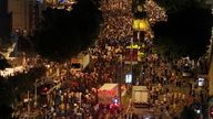 A drone view shows people protesting in Israel. Pic: Reuters