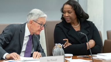 Fed Chairman Jay Powell was seen discussing with board member Lisa Cook. Photo: AP