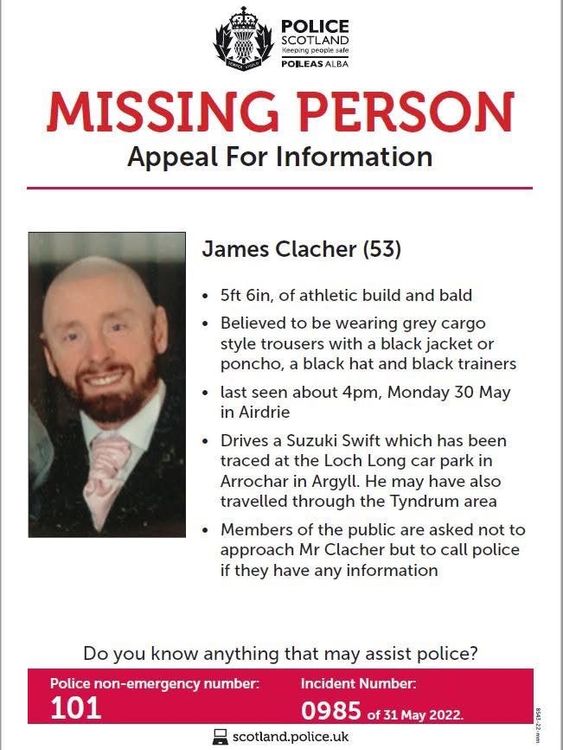A missing poster issued by Police Scotland for James Clacher