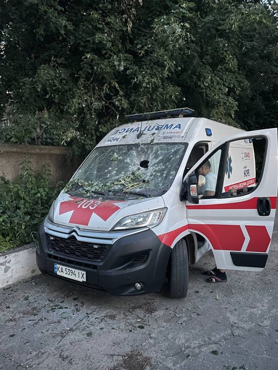 The Project Hope ambulance attacked in Kupiansk on 9 July. Pic: Project Hope