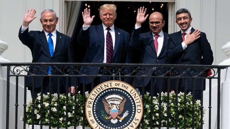 Donald Trump with the leaders of Israel, Bahrain, and the UAE at the White House for the Abraham Accords signing in 2020. Pic: AP