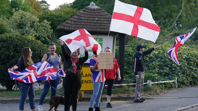 Protesters outside the Holiday Inn Central, Ashford, Kent. Pic: PA