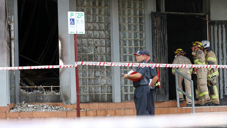 Fire crews and police at the scene of a fire at the Adass Israel Synagogue in Melbourne. Pic: Con Chronis/AAP via AP