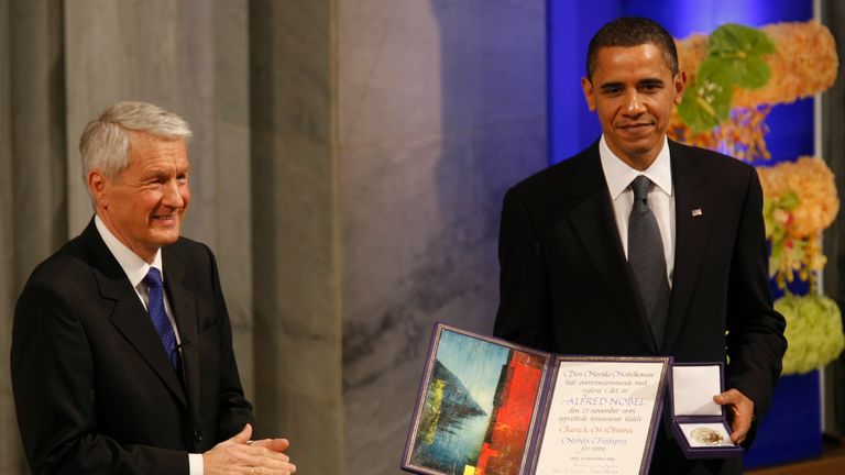 Barack Obama is awarded the Nobel Peace Prize in Oslo in 2009. Pic: Reuters