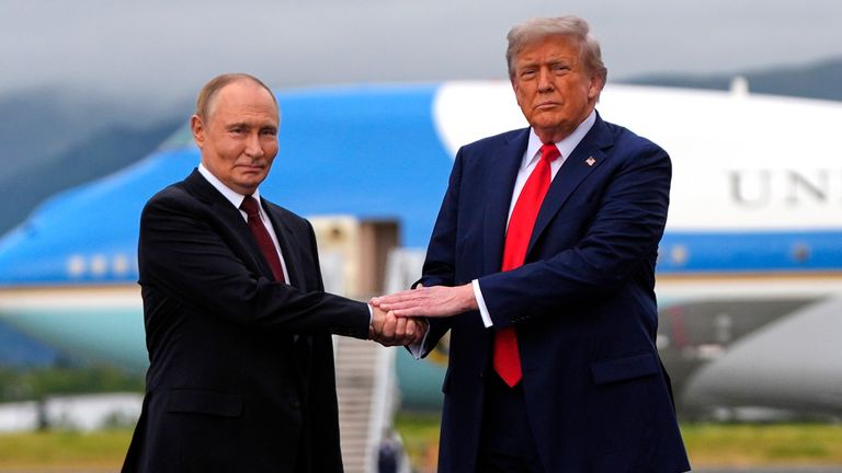 Donald Trump greets Vladimir Putin at Joint Base Elmendorf-Richardson, Alaska. Pic: AP/ Julia Demaree Nikhinson