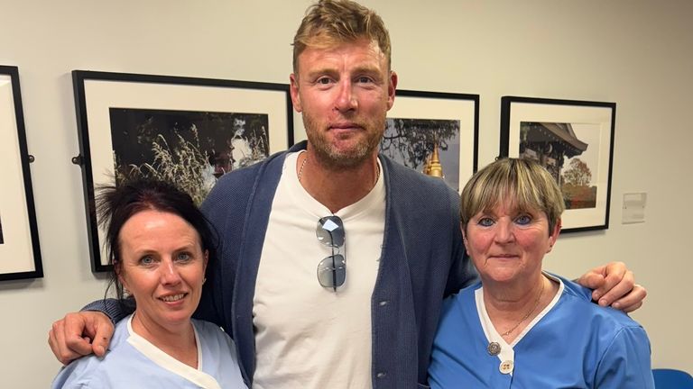Flintoff with nurses Linda Holden (left) and Sonia Steer. Pic: PA