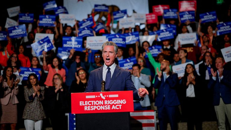 Gavin Newsom is framing his response as the 'election rigging response act'. Pic: Reuters