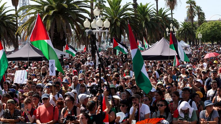 People gather on the day of the departure of the flotilla. Pic: Reuters/Eva Manez