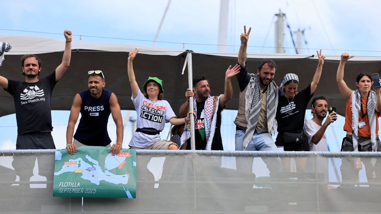 Thunberg and other activists leaving Barcelona. Pic: Reuters/Nacho Doce