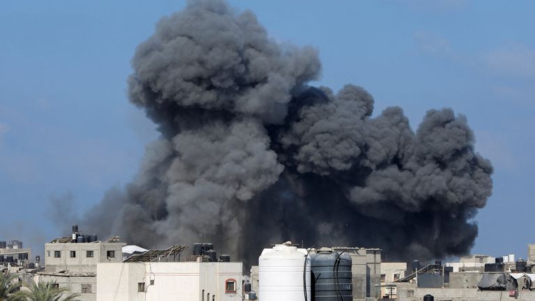 Smoke rises following an Israeli strike in Deir al Balah. Pic: Reuters