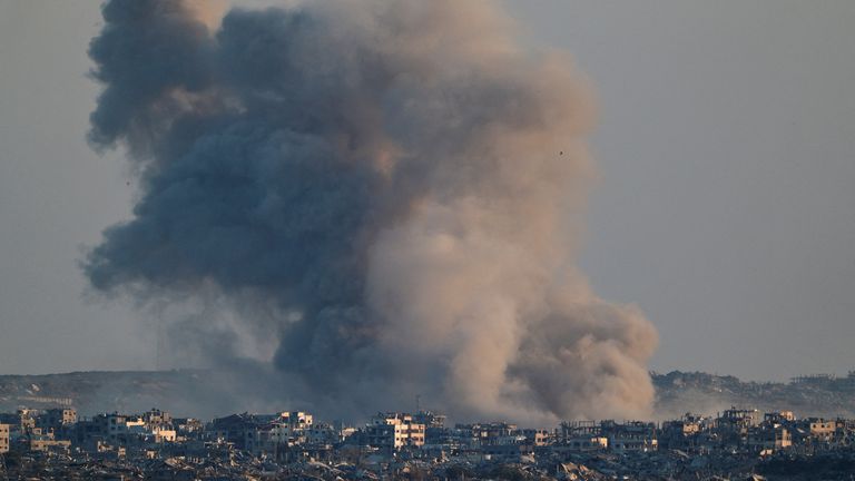 Smoke rises after an explosion in Gaza. Pic: Reuters