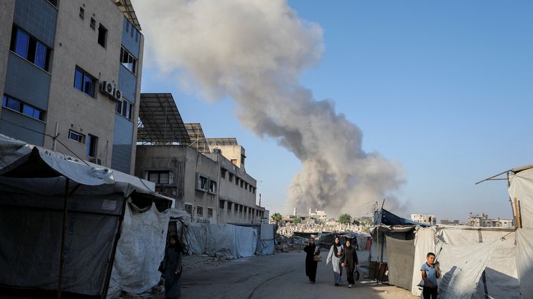 Smoke rises following an Israeli strike in Gaza City. Pic: Reuters