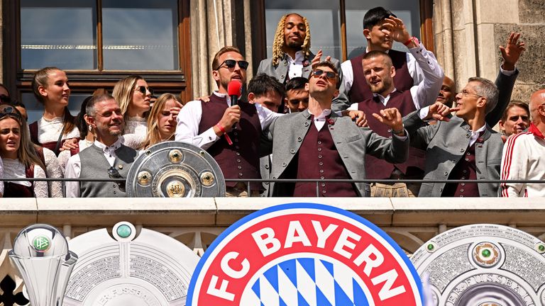 Kane celebrates the Bundesliga title with his Bayern Munich teammates. Pic: Reuters