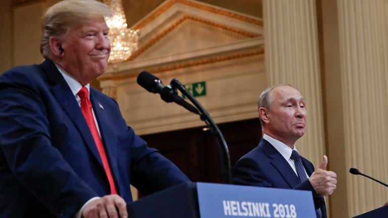 President Putin and President Donald Trump give a joint news conference in Helsinki in 2018. File pic: AP