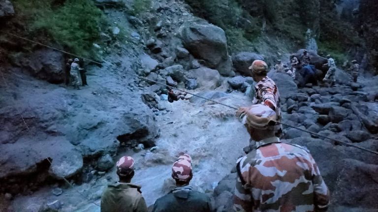 Rescue operations amid heavy rains in a location given as Kinnaur, Himachal Pradesh, India. Pic: Indo-Tibetan Border Police/Handout