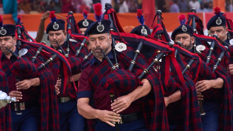 Bagpipers from Jammu Kashmir Police performing in Srinagar, Indian-controlled Kashmir. Pic: AP
