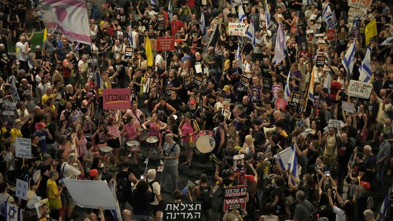 Protesters in Tel Aviv on Saturday. Pic: AP