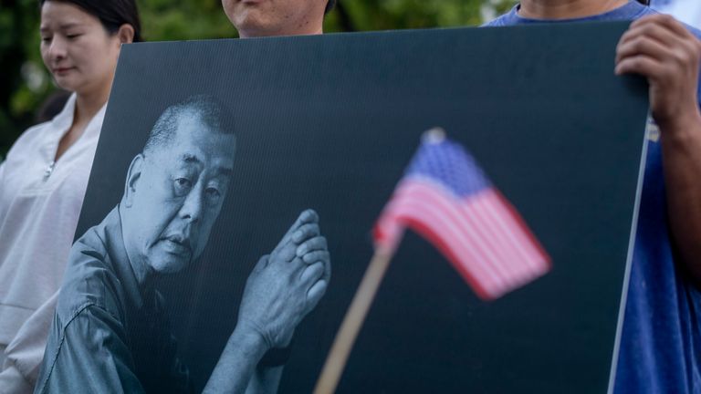 Protesters outside the Chinese consulate general in LA in June. Pic: AP
