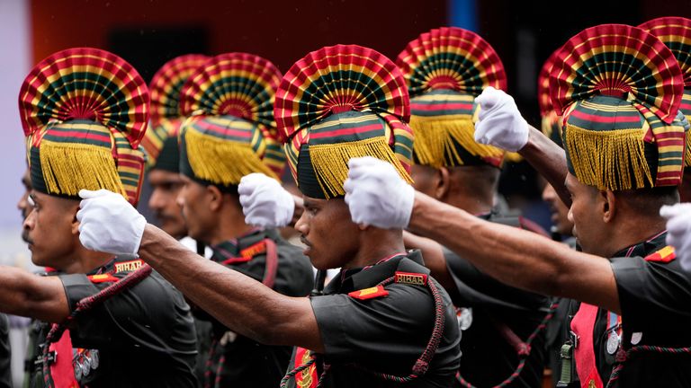 Indian Army's Bihar Regiment marching in Kolkata during Independence Day celebrations. Pic: AP