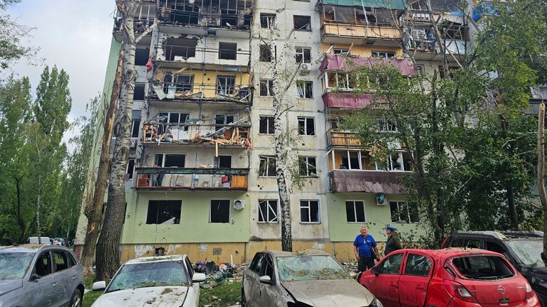 A Ukrainian drone struck this building in Kursk, Russia, on Friday. Pic: Kursk regional government/AP