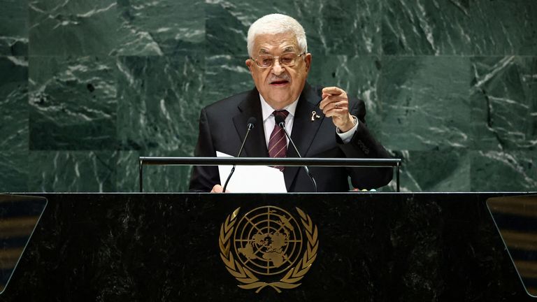 Mahmoud Abbas addressed the general assembly in 2024, but is barred from next month's meeting. Pic: Reuters