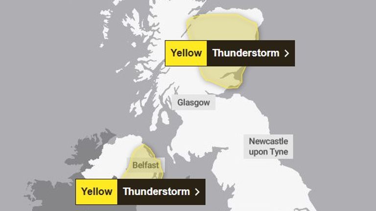 Yellow weather warnings for thunderstorms are in place in Scotland and Northern Ireland until 10pm on Thursday. Pic: Met Office