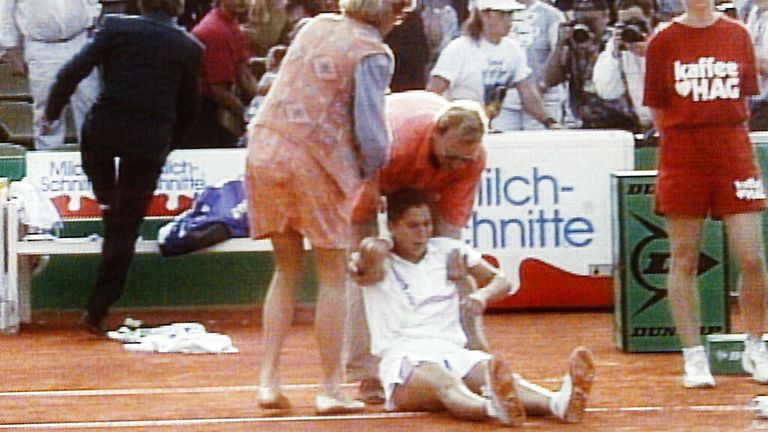 Monica Seles sits on the ground after the Hamburg attack. Pic: AP
