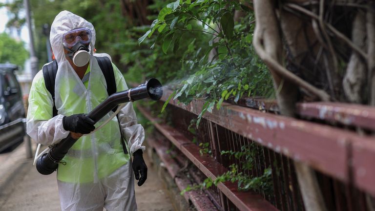 Pracownik rozpyla insektycyd po wybuchu epidemii gorączki chikungunya w Chinach. Zdjęcie: Reuters