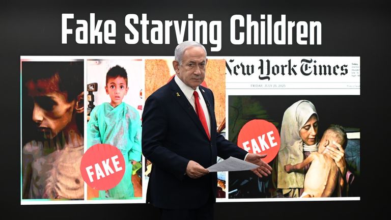 Photos of emaciated children shown at the briefing were labelled 'fake'. Pic: Haim Zach/GPO