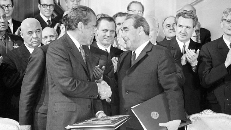 President Nixon and Leonid Brezhnev after signing the Strategic Arms Limitation agreement in the Kremlin in 1972. Pic: AP
