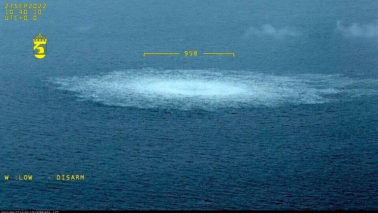 The gas leak in the Baltic Sea from Nord Stream is seen from a Swedish Coast Guard aircraft. Pic: Swedish Coast Guard via AP