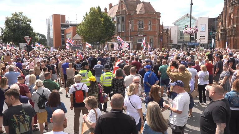 Protesters in Nuneaton where some scuffles took place