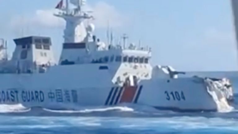 A damaged Chinese Coastguard ship. Pic: Philippine Coastguard/AP