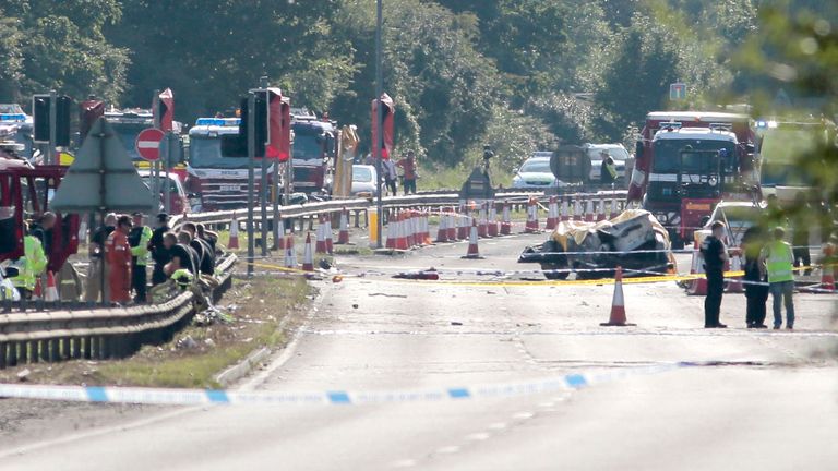 Emergency services attend the scene on the A27.
Pic: PA