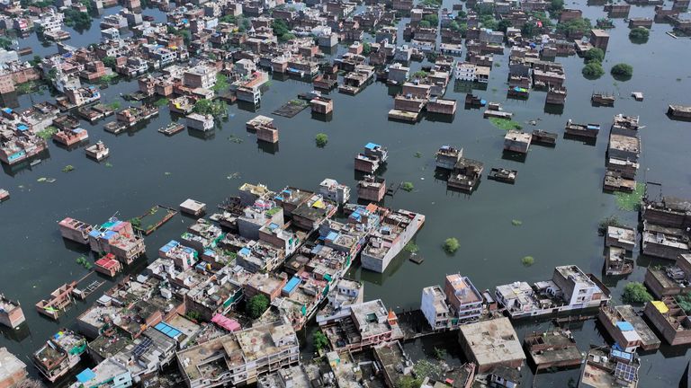 An aerial view of submerged houses on the banks of the river Ganga following heavy monsoon rains, in Prayagraj, India.
Pic: AP