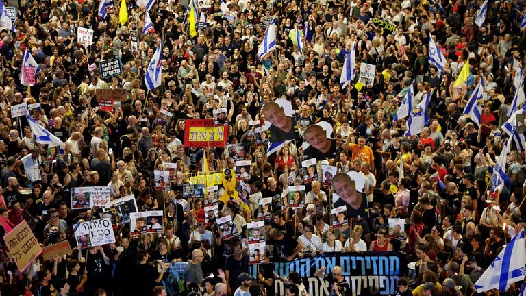 Protesters in Tel Aviv demand the immediate release of hostages held by Hamas. Pic: Reuters