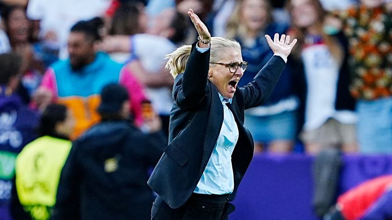 England manager Sarina Wiegman celebrates after Chloe Kelly scores the winning penalty in the shoot-out during the UEFA Women's Euro 2025 final at St. Jakob-Park in Basel, Switzerland. Picture date: Sunday July 27, 2025. PA Photo. Photo credit should read: Peter Byrne/PA Wire...RESTRICTIONS: Use subject to restrictions. Editorial use only, no commercial use without prior consent from rights holder.