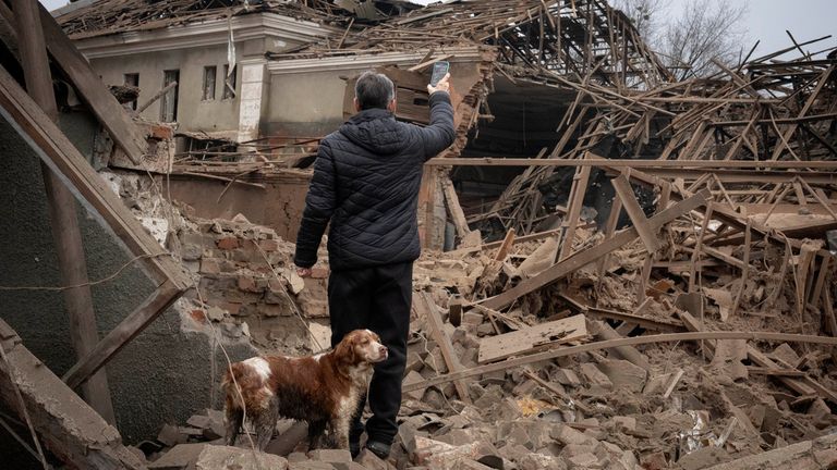 The aftermath of a rocket attack in Sloviansk in January 2024. Pic: AP