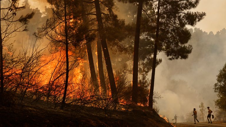Residents and volunteers try to put out a wildfire in Larouco, northwestern Spain. Pic: AP