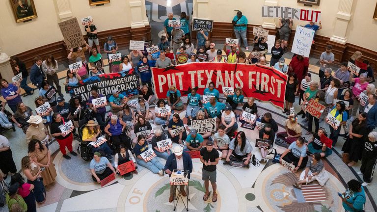 Activists protest against mid-decade redistricting in Texas. Pic: AP