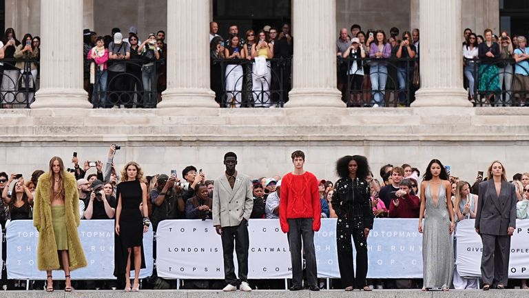 Models in front of the National Gallery in London's Trafalgar Square. Pic: PA