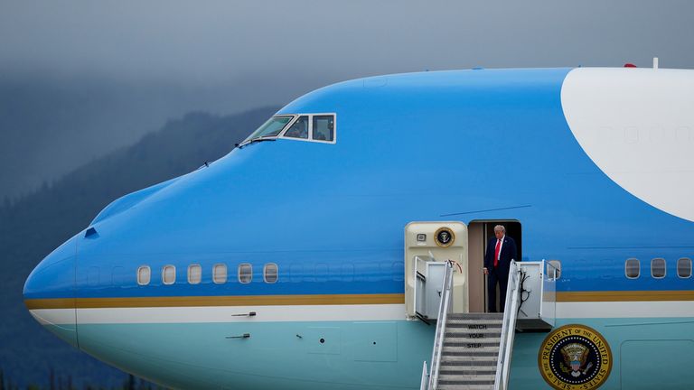 Mr Trump arriving on Air Force One. Pic: Julia Demaree Nikhinson/PA