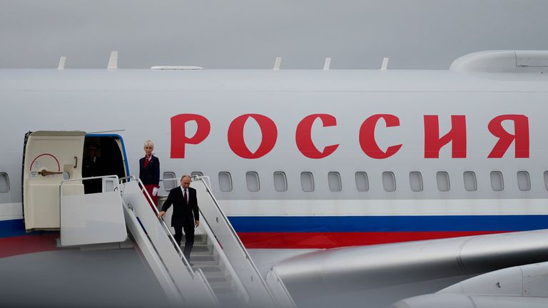 Mr Putin steps off the Ilyushin Il-96. Pic: Julia Demaree Nikhinson/AP