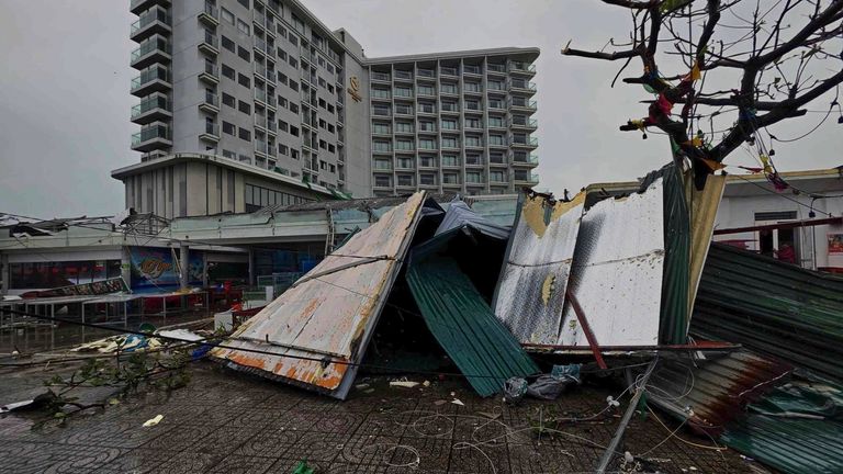 Roofs collapse after Typhoon Kajiki sweeps through Ha Tinh. Pic: Cong Tuong/VNA via AP