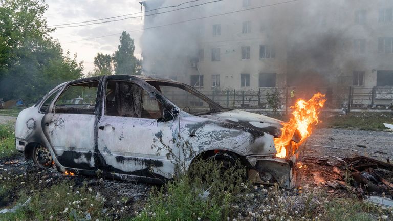 The aftermath of a Russian missile attack in Kharkiv on Monday. Pic: AP