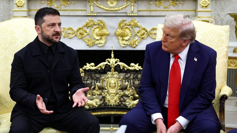 Mr Zelenskyy gestures during a meeting with Mr Trump at the Oval Office