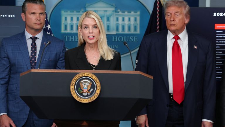 Pam Bondi speaks at news conference. Pic: Reuters